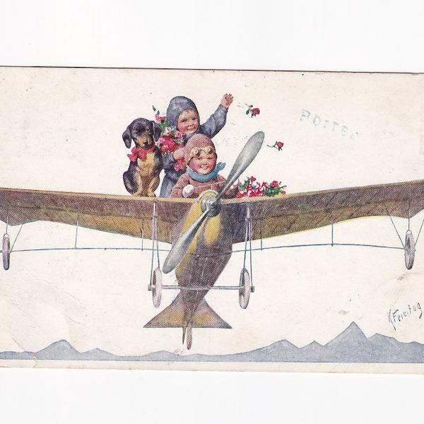 Children as pilots in an airplane with a dachshund on a wing, signed antique postcard from Austria by Karl Urlaub, 1913