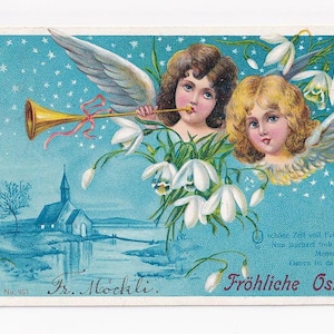 Teste d'angelo con bucaneve, cartolina antica, spedita nel 1902
