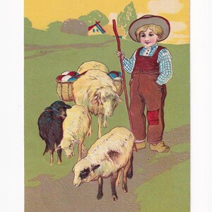 Shepherd boy with sheep, Easter eggs and lambs, antique German postcard, sent in 1907