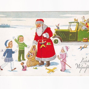 John Wills: Weihnachtsmann im roten Mantel mit Auto voller Spielzeug und Kindern, deutsche Vintage-Postkarte