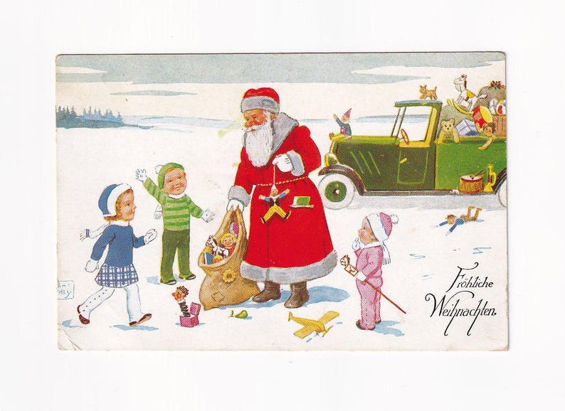 John Wills Santa Claus in Red Coat With Car Full of Toys and Children