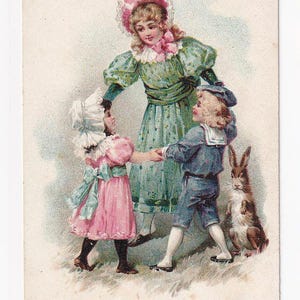 Dancing children with rabbit, antique German postcard, written in 1913