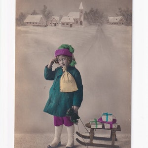 Junge mit Schlitten und Geldsack, antike deutsche Postkarte