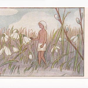 Ernst Kreidolf: Elfenhafter Junge auf Maiglöckchenwiese, deutsche Vintage-Postkarte