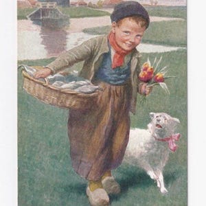 Karl Feiertag: Niño holandés con perro, pescado y tulipanes, postal austriaca antigua, enviada en 1923