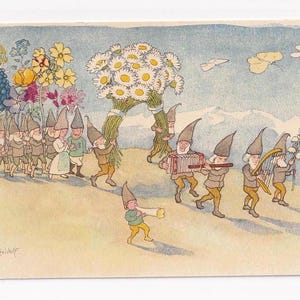 Ernst Kreidolf: Zwerge bei Hochzeit im Frühling, antike Schweizer Postkarte, unbenutzt