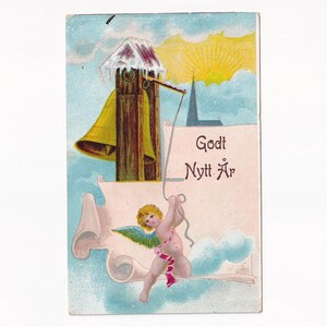 Engel bei Sonnenaufgang am Glockenturm, norwegische antike Postkarte