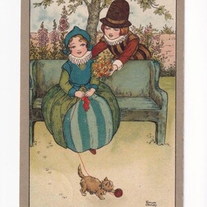 Florence Hardy: Paar mit Katze, deutsche Vintage-Postkarte, 1929 versendet