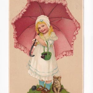 Mädchen mit Katze unter Sonnenschirm, antike deutsche Postkarte, 1908 versendet