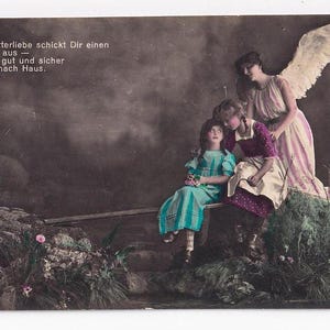Mädchen mit Schutzengel an Brücke, antike deutsche Postkarte