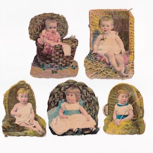 Babys in Körben, 5 antike Oblaten
