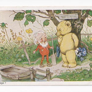 Fritz Baumgarten: Zwerg als Bootsverleiher mit Teddybär, deutsche Vintage-Postkarte, 1955