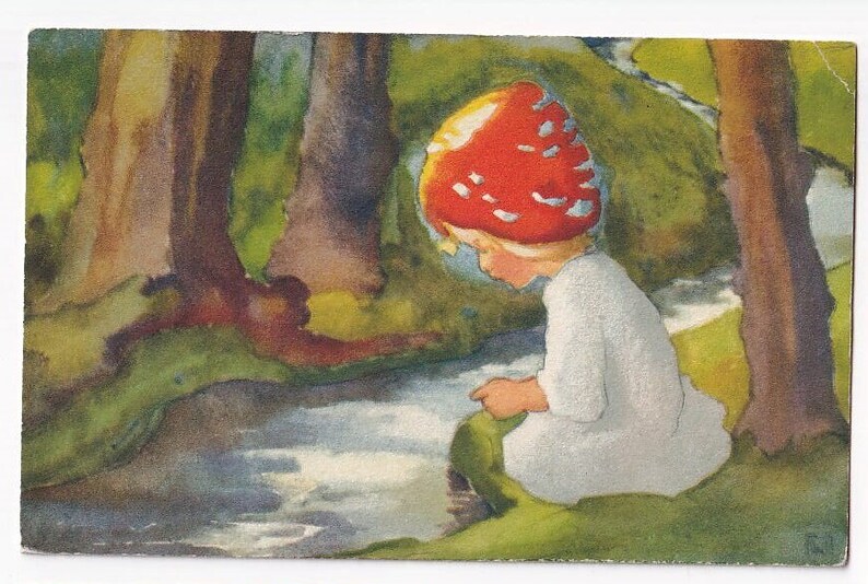 Mili er Child With Fly Agaric Hat, Swiss Vintage Postcard Etsy