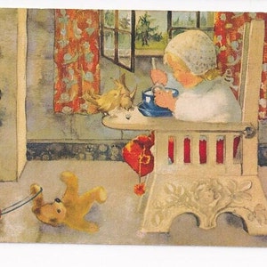 Mili Weber: Kind beim Essen mit Vögeln und Teddybär, Schweizer Vintage-Postkarte, 1936