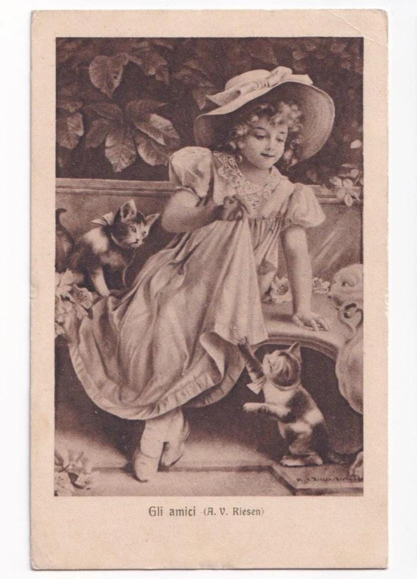 * antique picture ❀* 女の子とワンちゃんのいる 版画プリント Signed Postcard by Arno Von Riesen Around 1915: Girl Playing With