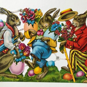 A elegir: Conejitos de Pascua con huevos de Pascua y flores, 3 obleas vintage alemanas (hoja completa PZB 1076)