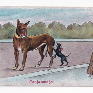 Dogge und Pinscher: Grössenwahn, antike deutsche Postkarte/Tschechien