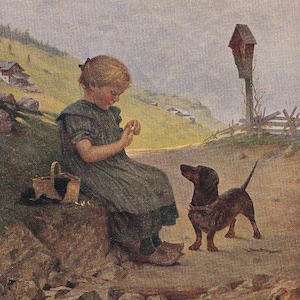 Coppia di cartoline antiche: Ragazza con bassotto di Theodor Kleehaas