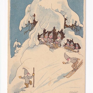 Ernst Kreidolf: Zwerge beim Skifahren, antike Schweizer Postkarte