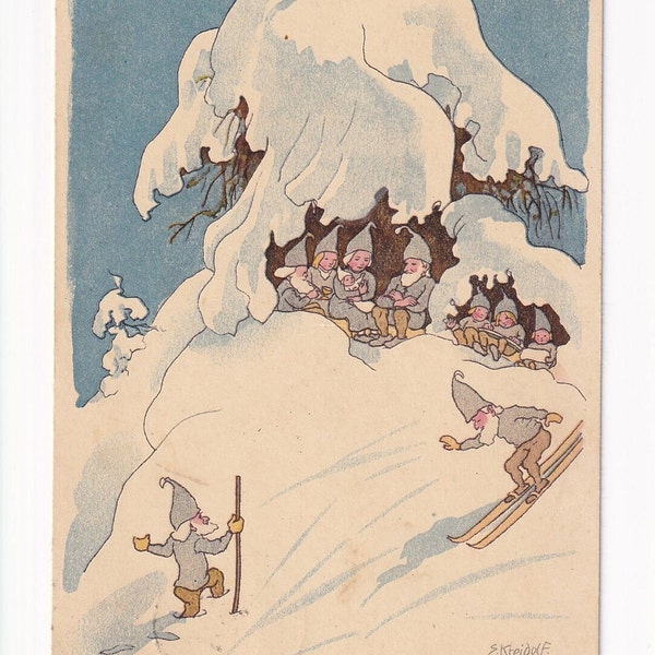 Dwarves skiing, antique postcard from Switzerland by Ernst Kreidolf