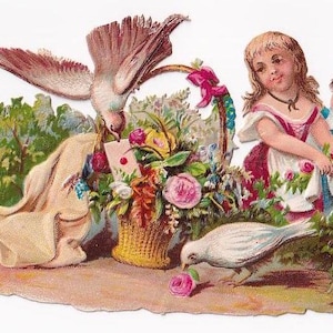 Duas meninas com pombas e cesta de flores, hóstia antiga