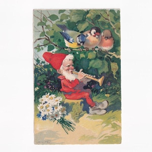 Fritz Baumgarten: Trompete spielender Zwerg mit Vögeln, deutsche Vintage-Postkarte, 1923 versendet