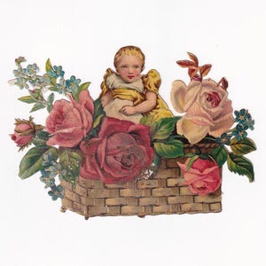 Baby im Blumenkorb, antike Oblate