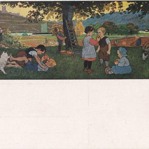 Gertrud Caspari: Spielende Kinder mit Hund und Ziege, antike deutsche Postkarte, 1920 versendet