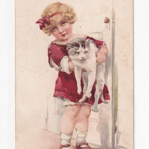 Schilbach: Mädchen mit Katze auf Arm, antike Schweizer Postkarte, 1912 versendet