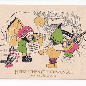 Zwerge und Rabe musizieren im Schnee, Vintage-Postkarte