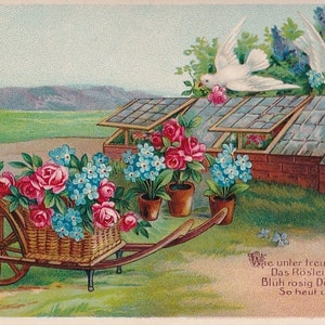 Weisse Tauben am Gewächshaus mit Rosen und Vergissmeinnicht, antike deutsche Postkarte mit Vers