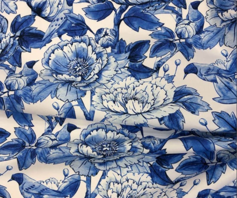 Blue Large Flowers Pattern Upholstery Fabric by the 1/2 yard Etsy