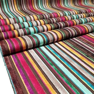 Striped Velvet Look Fabric by the yard, Rainbow Vintage Stripes Fabric for Home Decor, Striped Cushion Fabric, Chair Upholstery Fabric
