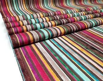 Striped Velvet Look Fabric by the yard, Rainbow Vintage Stripes Fabric for Home Decor, Striped Cushion Fabric, Chair Upholstery Fabric