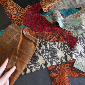 One Pound of Embossed and Printed Leather Scrap Remnants, Bright, Colorful Leather Pieces for Crafts and Jewelry Making, Exotic Animal Print