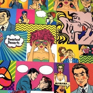 Pop Art Comics Gemusterter digital bedruckter Polyester Möbelstoff Meterware, Comic Kunst Buch Druck Stoff Frau Mann lustig bunt