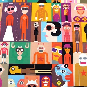 Peut inclure: Une illustration numérique colorée d'un groupe de personnes avec différentes coiffures, vêtements et accessoires. L'illustration est composée de carrés et de rectangles, et les personnes regardent toutes dans des directions différentes.