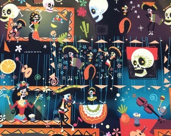 May include: A colorful fabric with a repeating pattern of skeletons, flowers, and musical instruments. The background is black with a blue gradient. The fabric is perfect for crafting projects, like making bags, pillows, or clothing.