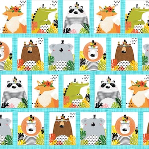 Puede incluir: Un patrón colorido con varios animales, incluyendo un panda, un zorro, un koala, un león, un oso y un cocodrilo. Cada animal está representado en un estilo de dibujos animados con un toque caprichoso. Los animales están dispuestos en una cuadrícula sobre un fondo azul claro.