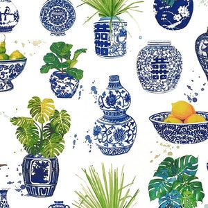 Può includere: Uno sfondo bianco con vasi, ciotole e fioriere in porcellana blu e bianca con piante e fiori verdi. Il motivo della porcellana è intricato e include disegni floreali, uccelli e caratteri cinesi.