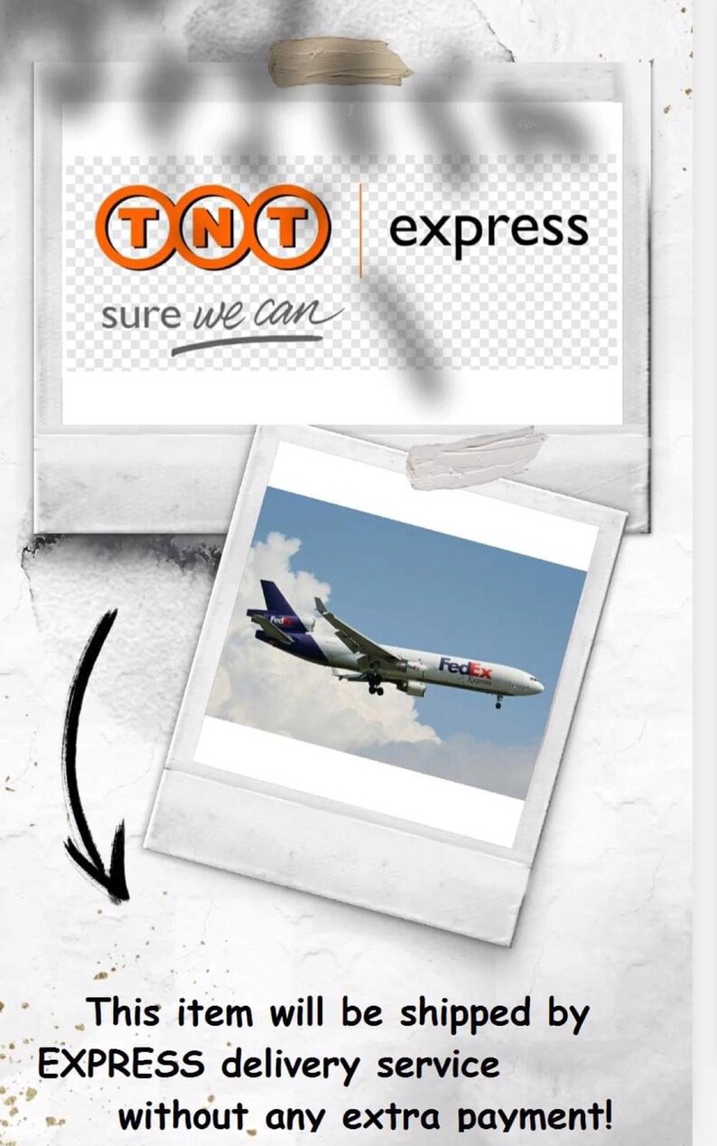 K&ouml;nnte beinhalten: Ein wei&szlig;es und oranges TNT Express-Logo mit dem Text "sure we can" darunter. Im Hintergrund ist ein Foto eines FedEx-Flugzeugs zu sehen, das am Himmel fliegt.