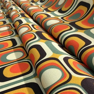 Tecido geométrico retrô, tecido de decoração vintage dos anos 1970 por metro, tecido de estofamento de meados do século para sofá, cadeira, cortina, artesanato