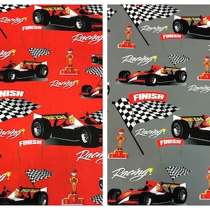 Gray or Red Ground Race Car Kids digital print upholstery fabric by The Yard, Polyester Upholstery Fabric for children room, for boys