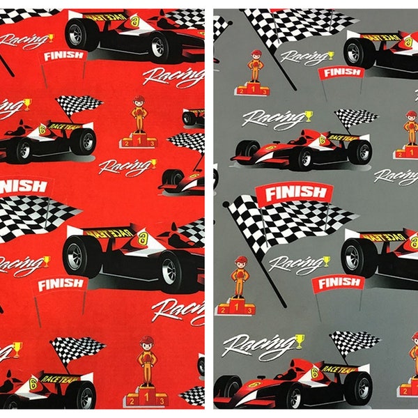 Tissu de rembourrage à impression numérique Gray ou Red Ground Race Car Kids par cour, tissu de rembourrage en polyester pour chambre d'enfant, pour garçons