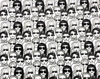 May include: A black and white repeating pattern of stylized faces wearing sunglasses. The faces are all different shapes and sizes, and some have bows or other accessories.