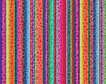 May include: A colorful striped pattern with a variety of colors, including red, orange, yellow, green, blue, purple, and pink. The stripes are of varying widths and some have a leopard print pattern.
