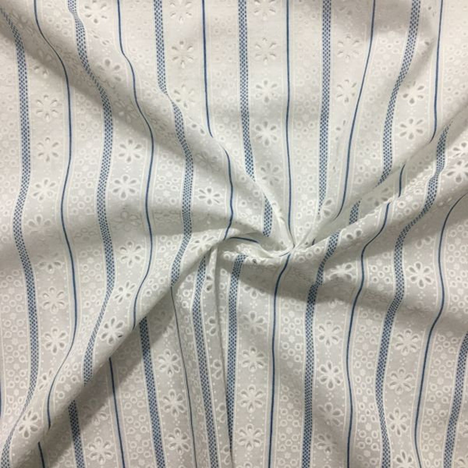 Floral Linen Eyelet Fabric with blue stripes perfect fits for Etsy