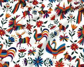 Mexican Otomi Print Upholstery Fabric by the Yard, Mexican Folk Art Otomi Flowers Deer and Birds Fabric for Home Decor, Chair Furnishing