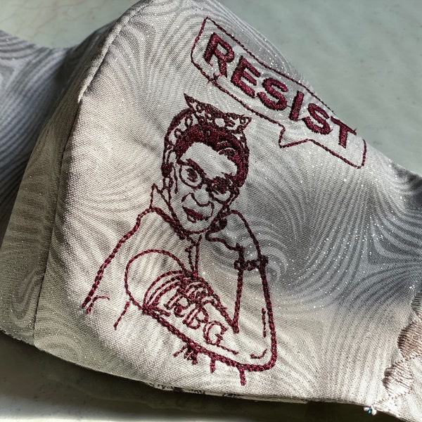 Resistere RBG Ruth bader Ginsburg grigio e marrone con fazzoletto ricamato maschera viso, maschera antipolvere, maschera chemio, con tasca filtro