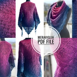 Crochet pattern, triangle pattern, pdf file,digital pattern,charted pattern,crochet chart,  crochet scarf, triangle shawl, Meraviglia